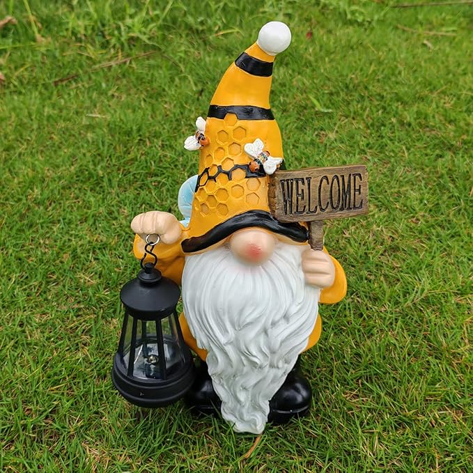 Gnome Garden Statues with Solar Lights Outdoor Gnomes Sculpture Yard Patio Decor for Lawn Ornaments Gardening Gifts（Bee Gnome