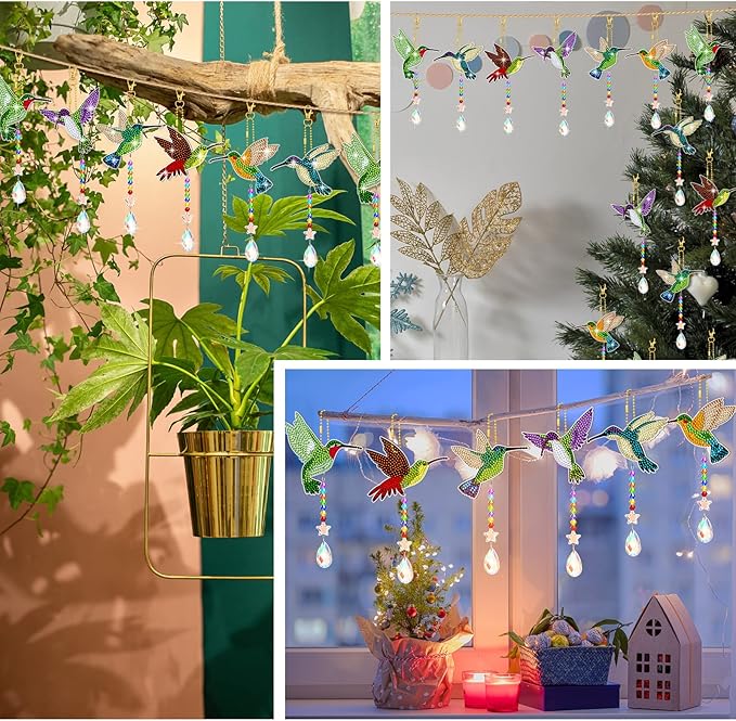Tradder 6 Pcs Diamond Art Kits 5d Rhinestone Painting Wind Chimes Art Sun Catchers Double Sided Hummingbird Birds Art Kits with Crystal Pendant for Adults Home Window Decor Garden