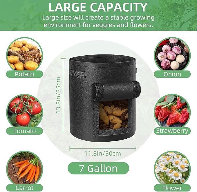 6 Pack 7 Gallon Potato Grow Bags, Heavy Duty Nonwoven Fabric Garden Planting Bag Plant Container with Flap and Handles, Aeration Fabric Pots for Growing Vegetable, Fruits and Flowers