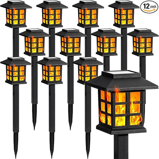 GIGALUMI Solar Lights for Outside,12 Pack Flickering Flame LED Solar Outdoor Lights, Waterproof Solar Garden Lights Maintain 10 Hours of Lighting for Christmas, Garden, Landscape, Path, Yard, Patio