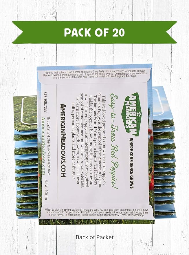 American Meadows Wildflower Seed Packets in Loving Memory Memorial Favors (Pack of 20) - Red Poppy Seed Mix, Favors for Funerals, Wakes, Viewings, Visitations, Memorial Services