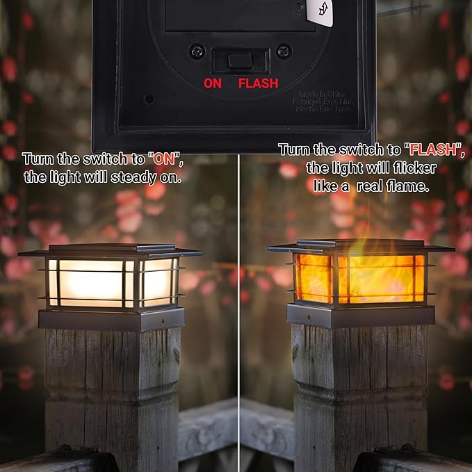 Dynaming 2 Pack Solar Flame Post Lights Outdoor, Solar Powered Fence Post Cap Lights, High Brightness Flickering Flame SMD LED Lighting Decor for Garden Deck Patio, 4x4, 5x5 or 6x6 Vinyl/Wooden Posts