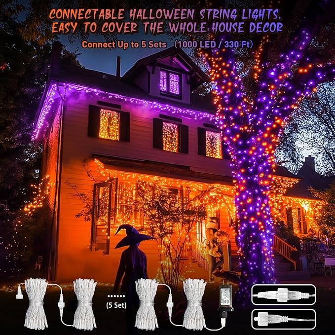 JMEXSUSS Halloween Decoration Lights, 200 LED Orange Purple Halloween Lights Clear Wire, 11 Modes Connectable Halloween String Lights Indoor Outdoor Plug in for Halloween Tree Decorations