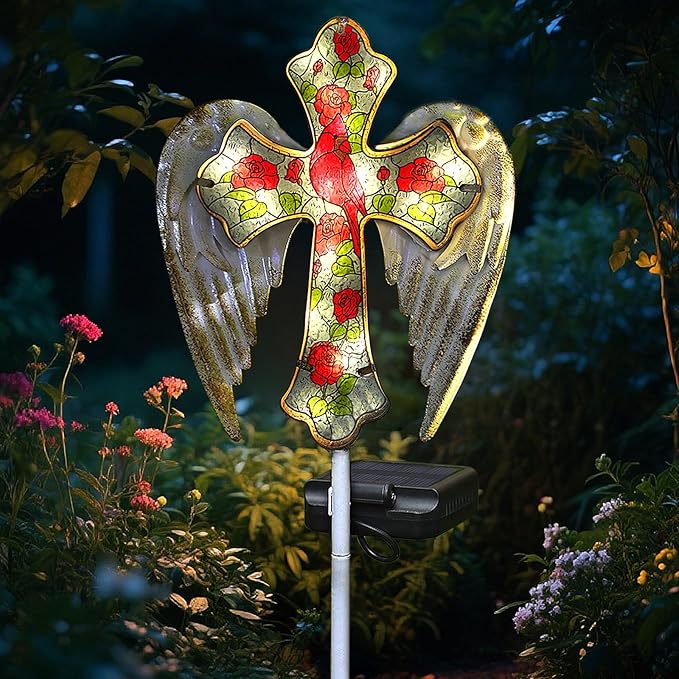 Solar Cross Garden Lights, Solar Cardinal Stake Lights Cemetery Decorations for Grave, Jesus Cross Sympathy Memorial Gifts for Mother Grandma, Glass Garden Art for Yard Lawn Patio Decor
