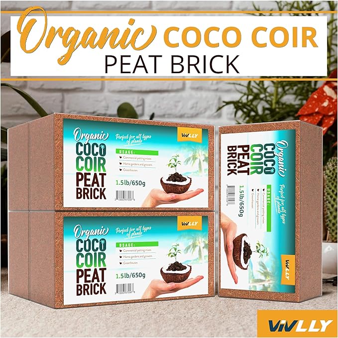 Compressed Coco Coir, 5 Pack Organic Coconut Coir, 1.4 Lbs Coco Brick, Coconut Soil with Low EC & pH Balance, Fiber for Herbs & Flowers, High Expansion, Renewable Soil for Planting