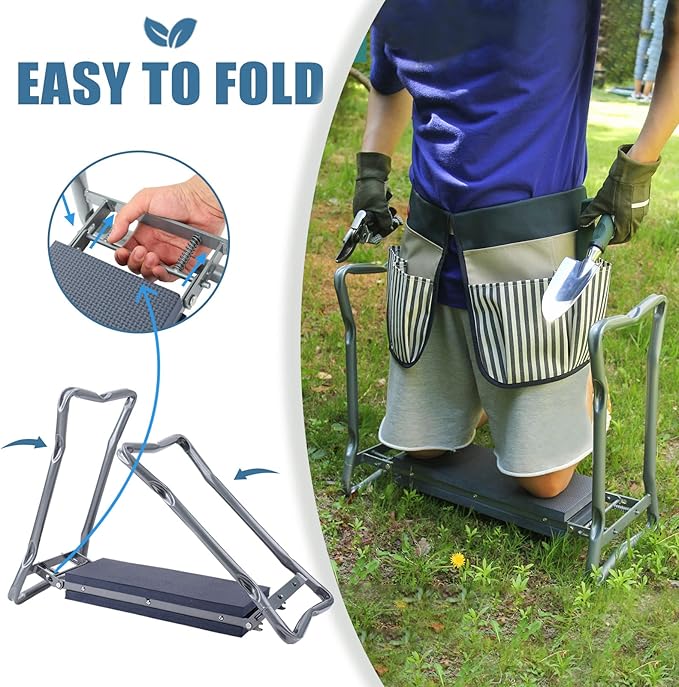 G GOOD GAIN Gardening Stool Widen Soft Kneeling Pad Garden Kneeler and Seat with 2 Larger Tool Pouches Outdoor Foldable Sturdy Gardening Tools Gifts for Gardeners, Navy