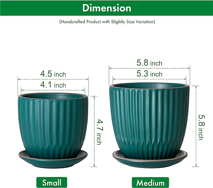 D'vine Dev Set of 2 Stoneware Planter Pots, Ceramic Pot with Drainage Hole and Saucers, 4.5 Inch 5.8 Inch, Dark Blue Green, 99-D-4