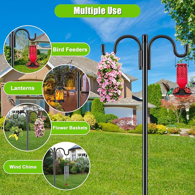 Gtongoko Double Shepherds Hook for Outdoor, 61.5 Inch Heavy Duty Bird Feeder Pole 3/4 Inch Thick Garden Hooks for Hanging Hummingbird Feeder, Plant Baskets, Solar Light Lanterns, 1 Pack