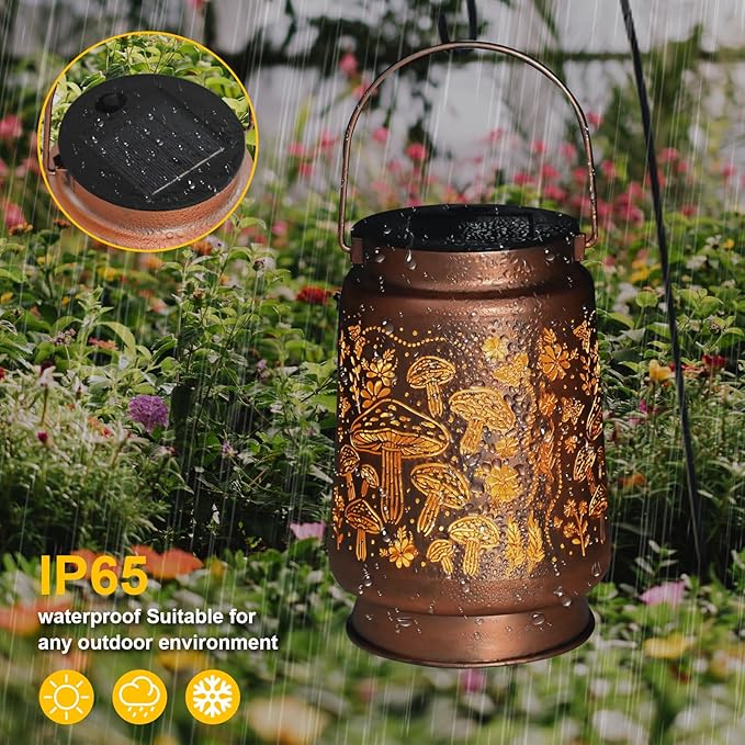 Mushroom Solar Lanterns Outdoor Waterproof Garden Decor Birthday Gifts for Women Mom Grandma Metal Hanging Solar Lights Decoration for Outside LED Lanterns for Yard Patio Lawn Pathway Landscape