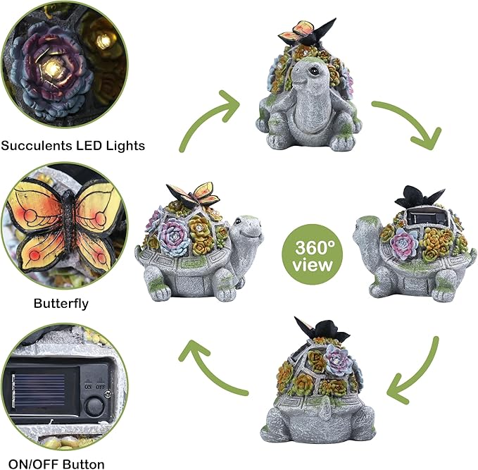 Attivolife Turtle Solar Garden Outdoor Statues with Succulent 7 LED Light, Patio Lawn Balcon Yard Ornament Art Decor, Mother Day Housewarming Birthday Gift for Mom Women Grandma
