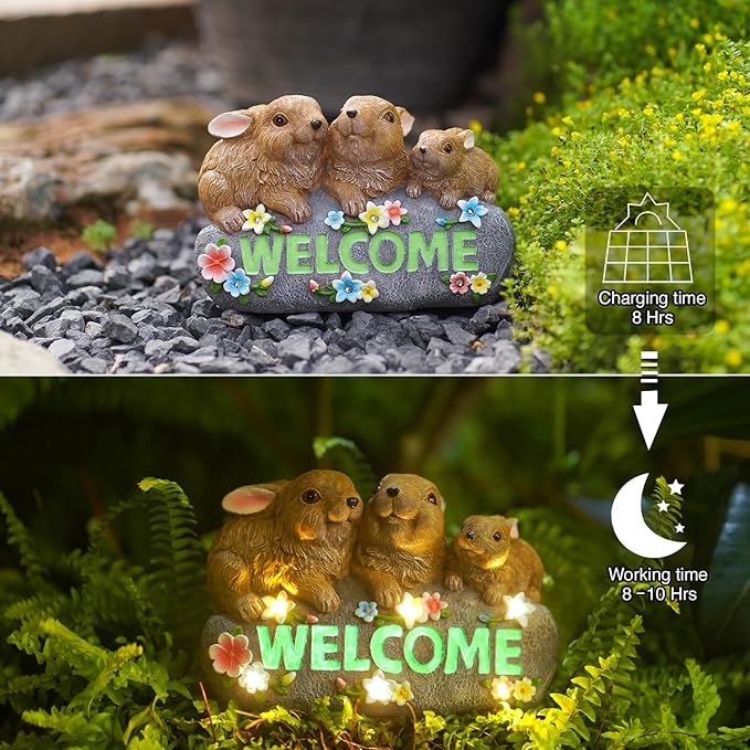 Solar Rabbits with Welcome Sign - Outdoor Bunny Decor with Solar LED Lights - Rabbit Garden Decor & Outdoor Light-Up Gifts for Women, Moms or Birthdays