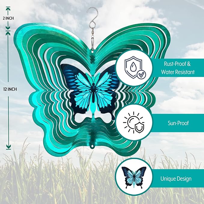 Butterfly Wind Spinners for Yard and Garden, Metal Butterfly Ornaments for Garden Décor, Outdoor Wind Spinner, Butterfly Gifts, Outdoor Garden Decoration, 12 inch Butterfly Wall Décor by ISEO