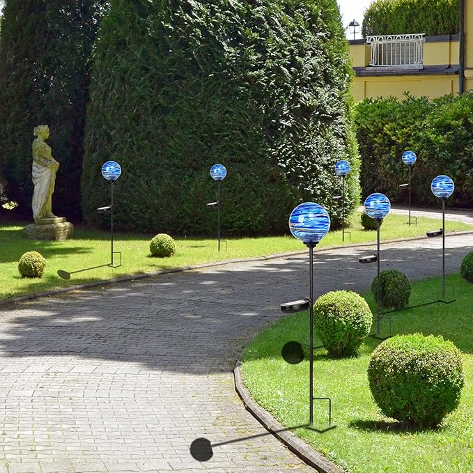 Solar Outdoor Decorative Lights Color Swirl Solar Garden Stake Glaze Glass LED Solar Garden Globe Lights Outdoor Decorative Lights for Pathway Yard Lawn Decoration 2 Pack Blue