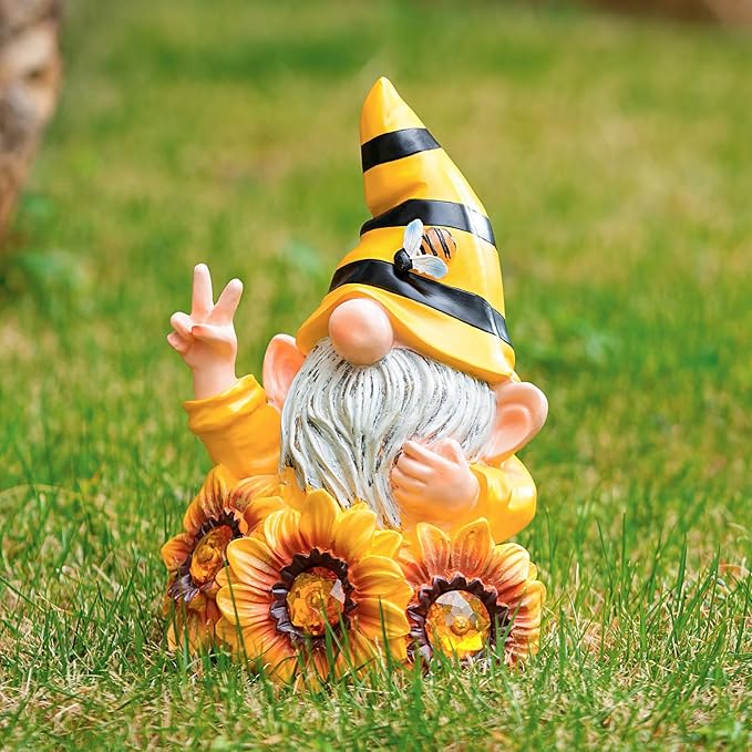 Garden Gnome Sculptures & Statues Resin Summer Bee Gnome with Sunflower, Outdoor Funny Gnome Decoration Solar Light Gnome Gifts for Yard, Patio Decor for Mom