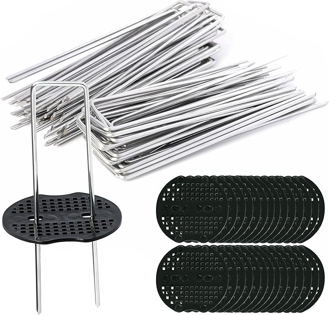 50 pcs 6 inch U-Shaped Landscape Staples and 50 pcs Fixing Gasket Sets, Garden Landscape Staples are Suitable for Outdoor Irrigation Hoses,Fixed Fences,Artificial Turf Nails and Tents.