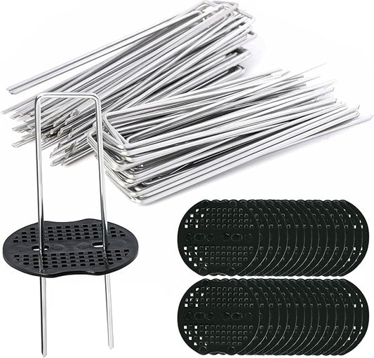 50 pcs 6 inch U-Shaped Landscape Staples and 50 pcs Fixing Gasket Sets, Garden Landscape Staples are Suitable for Outdoor Irrigation Hoses,Fixed Fences,Artificial Turf Nails and Tents.