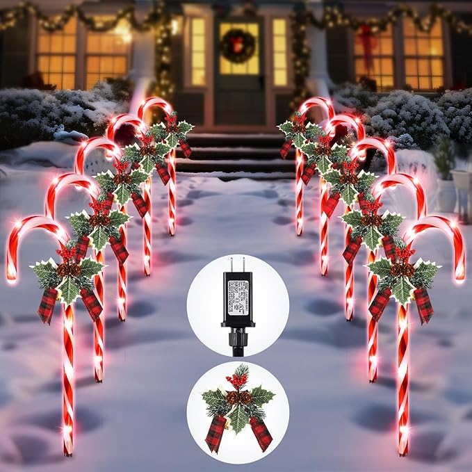 Hiboom Christmas Candy Cane Lights, 10 Pcs 21 Inch Pathway Markers Lights with Stakes, Christmas Driveway Lights End to End Connected for Xmas Holiday Party Walkway Patio Garden Decor (Red and White)