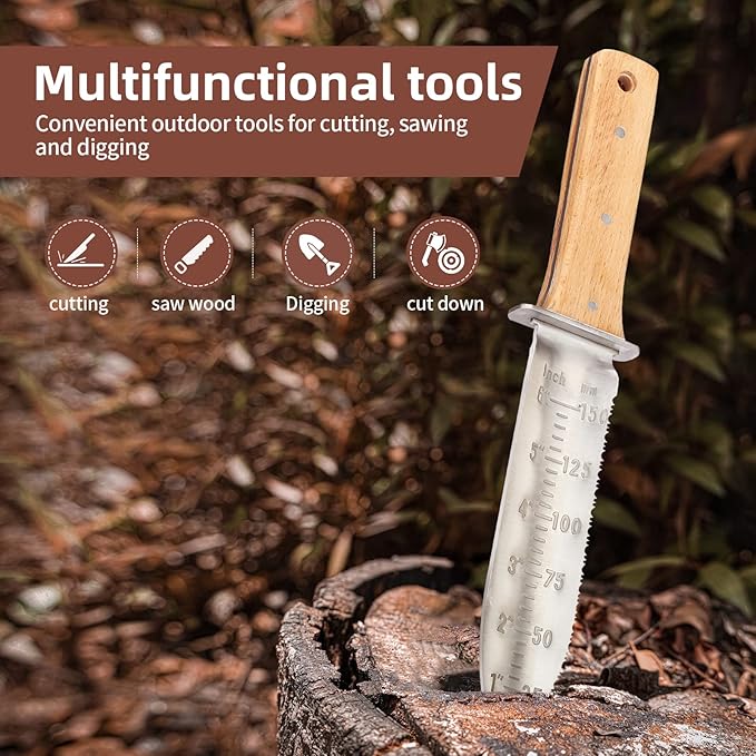 Hori Hori Garden Knife Japanese Stainless Steel, 7'' Durable Gardening Tool for Weeding, Digging, Cutting & Planting with Leather Sheath