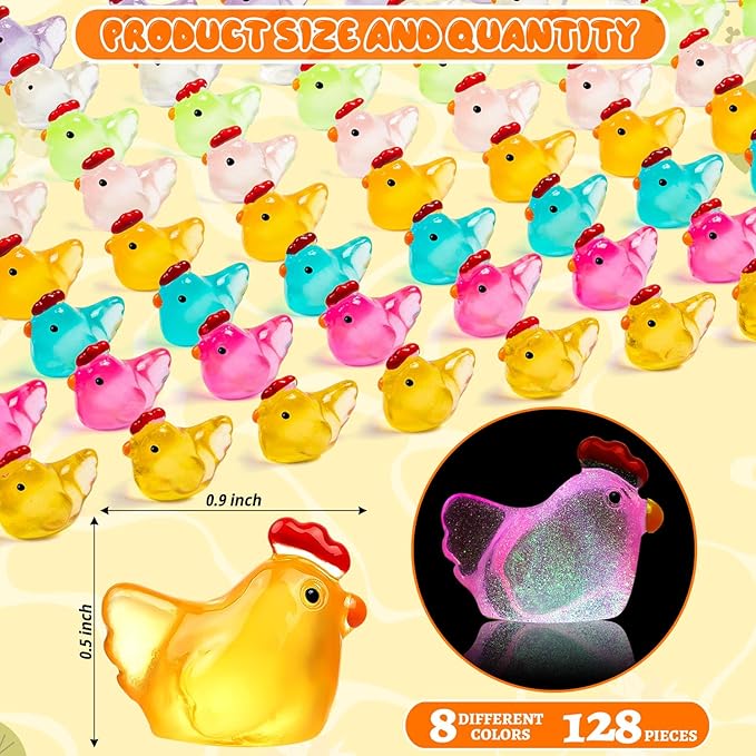 128PCS Luminous Mini Resin Chickens Miniature Animals, Tiny Chickens Miniature Figurines Glow in The Dark for Micro Garden, Potted Plant, DIY, Home Outdoor Party Decor (8 Colors)