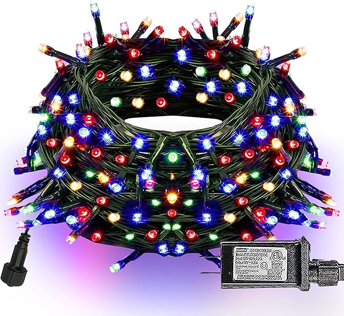 Dazzle Bright Christmas String Lights, 66FT 200 LED Connectable Green Wire 8 Modes String Lights, Waterproof Christmas Lights for Indoor Outdoor Patio Party Wedding Decorations, Multi-Colored