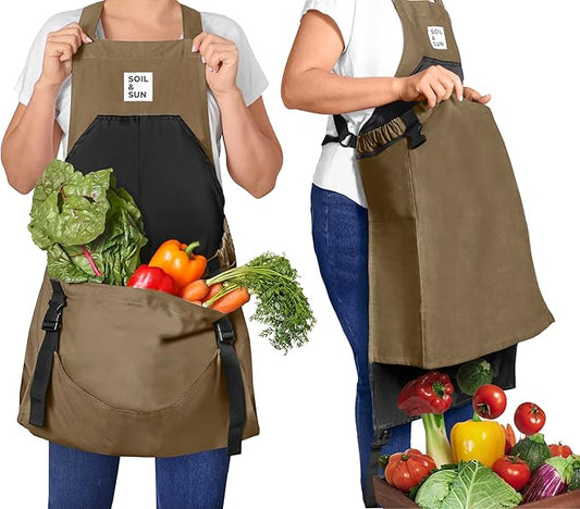 Soil & Sun Gardening Apron with Pockets and Harvesting Pouch - Durable Canvas Design for Men and Women - Convenient Tool Storage and Effortless Harvesting (Dark Beige)