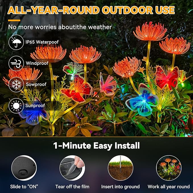 Neporal 4PK Solar Garden Lights Outdoor, Solar Flower Lights + Multi-Color Solar Butterfly Lights Outdoor, Swaying Solar Yard Decorations for Outdoor, IP65 Waterproof (Glowing Flowers, 4, Count)