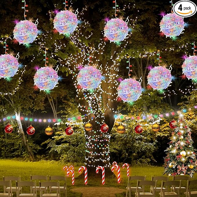 Christmas String Lights Outdoors,4 Pack 7.87" Sphere Lights,Ball Tree Garden Globe Lights for Home, Party, Christmas, Porch Patio,Wedding, Garden,Tree Decoration with Plug