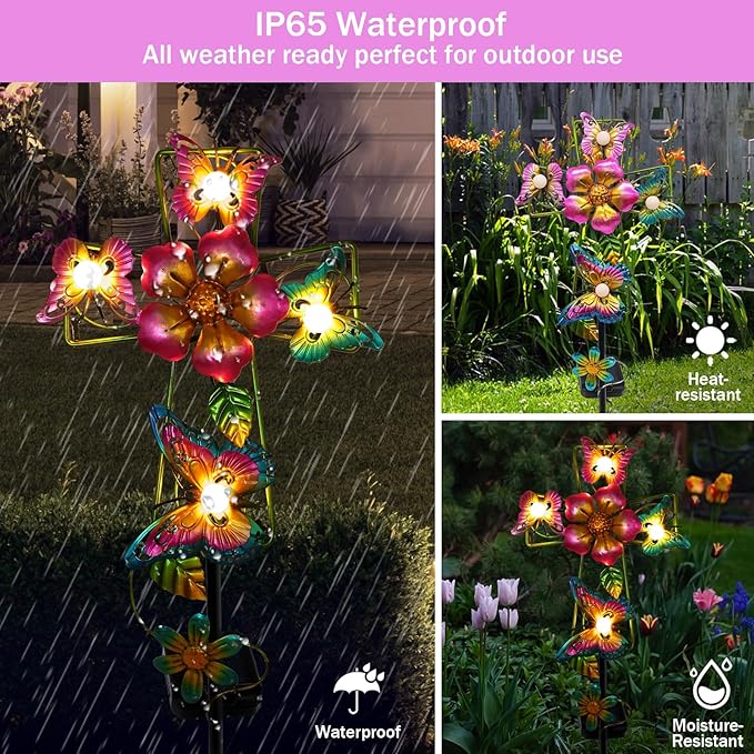 Solar Cross Garden Lights, 2 Pack Solar Butterfly Stake Lights Cemetery Decorations for Grave, Jesus Cross Sympathy Memorial Gifts for Mother Grandma, Metal Garden Art for Yard Lawn Patio Decor