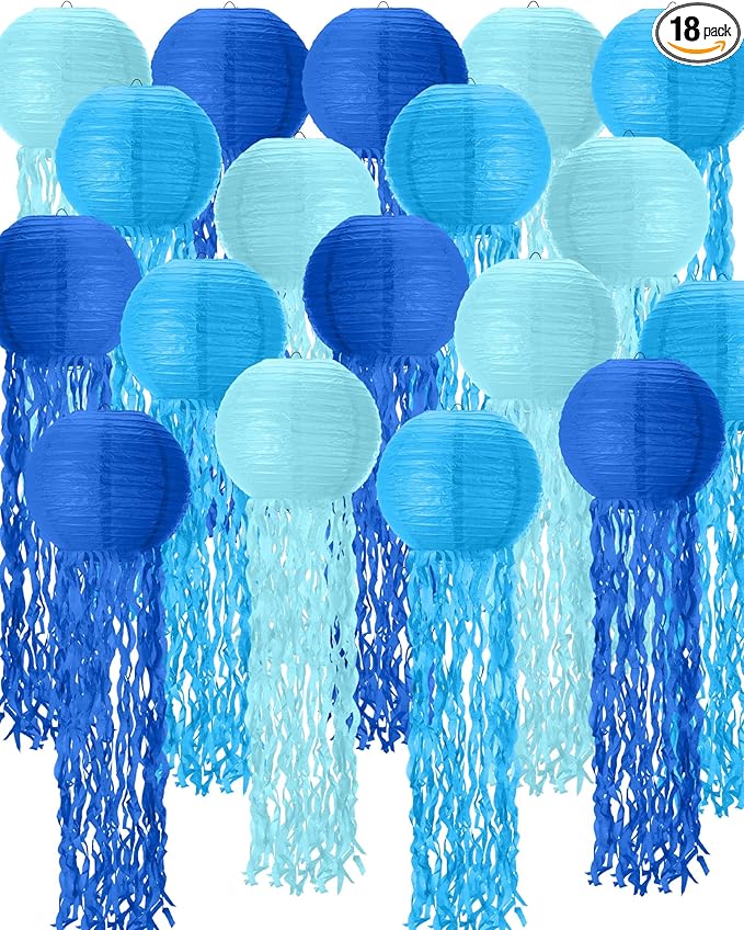 18 Pcs Jellyfish Paper Lanterns Mermaid Birthday Decorations Hanging Lantern Lamps for Ocean Theme Decor Under The Sea Party Supplies (Blue)