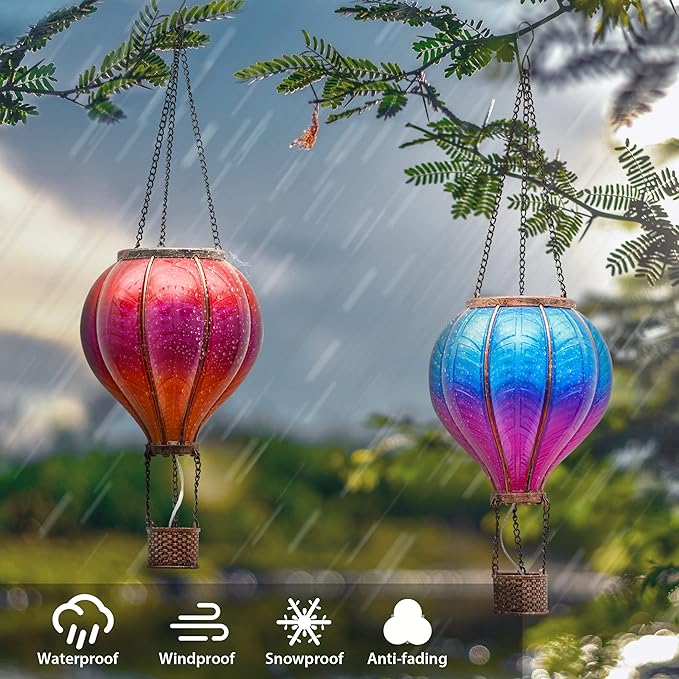 TERESA'S COLLECTIONS 2 Pack Hanging Solar Lantern Outdoor Garden Decor ,Waterproof Plastic Hot Air Balloon Red Flickering Flame Effect Lantern for Yard Tree,Gift for Mom Lovers,18"
