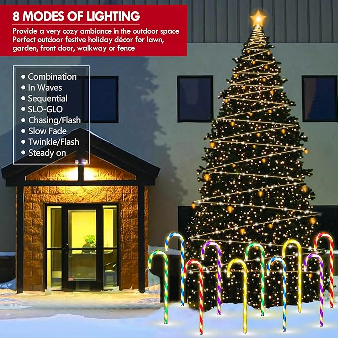 WeGuard 10PK Christmas Candy Cane Pathway Lights Outdoor Decorations 21" 8 Lighting Modes Flashing Waterproof Outdoor Lighted Christmas Decor for Garden Yard (Multi-Colored)