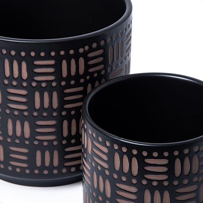 D'vine Dev Set of 2 Ceramic Planter Pots with Drainage Hole and Saucer, 4.5 Inch 6 Inch Plant Pots for Plants Indoor Houseplants, Black, 99-F-2