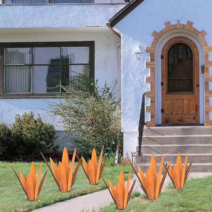 2 PCS Metal Agave Sculpture Decoration, Vintage Country Hand-Painted Sculpture DIY Metal Agave Plant, Home Garden Courtyard Lawn Outdoor Decoration (2pcs Rust Colored)