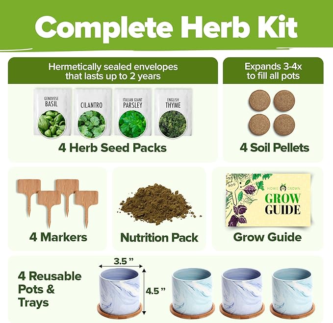 HOME GROWN Indoor Herb Gardening Kit w/Glazed Ceramic Pot - Unique Gift for Women, Mom, Gardeners, Friend, Her, Mother - Easy-to-Grow Kitchen Window Starter Set