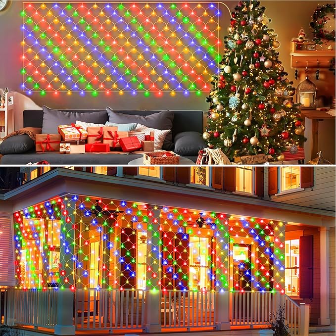 KNONEW 2-Pack 360 LEDs Christmas Net Lights 13ft x 9.8ft Outdoor Mesh Lights Connectable Waterproof 8 Modes & Timer Plug-in Net Fairy Lights for Bushes Garden Party Wedding Holiday,Multicolor