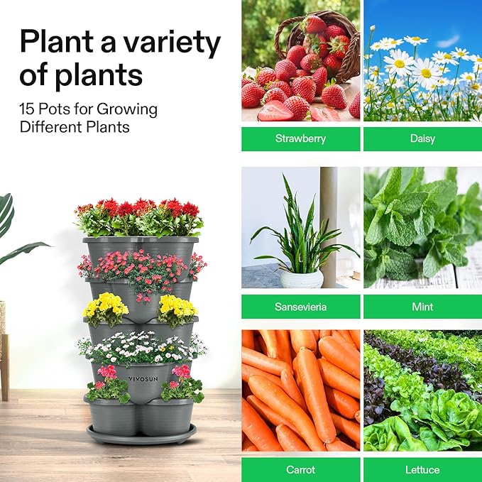 VIVOSUN 5 Tier Vertical Gardening Stackable Planter for Strawberries, Flowers, Herbs, Vegetables, Grey