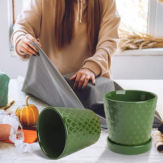 EFISPSS Ceramic Plant Pots, 5 Inch Planters with Drainage Holes and Ceramic Tray, Relief Design Flower Planter，Desktop Office Windowsill Decoration Gift Set of 4 - Blackish Green