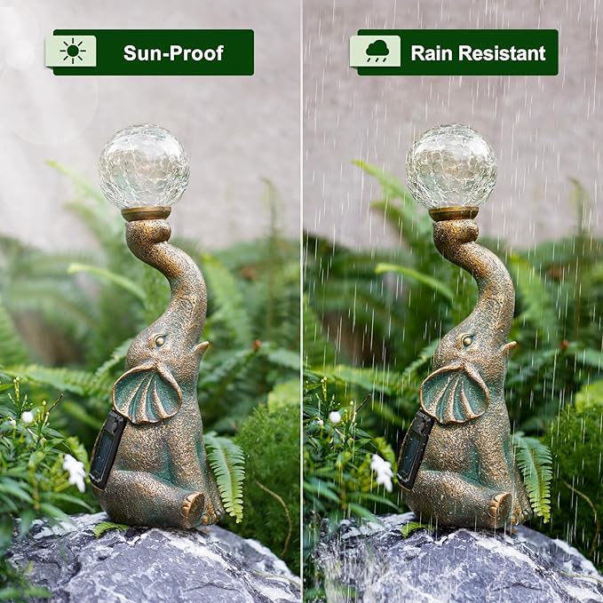 MININOVA Garden Decor Outdoor Statues Elephant with Cracked Glass Ball, Cute Solar Figurine for Patio, Lawn, Yard Art Ornament Decorations (8 LED Lights)