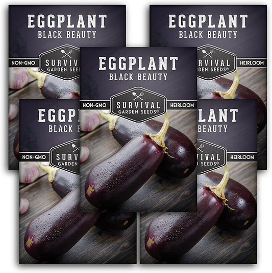 5 Packs Black Beauty Eggplant Seed for Planting - Packet with Instructions to Grow Purple Aubergine Plants in Your Home Vegetable Garden - Non-GMO Heirloom Variety - Survival Garden Seeds