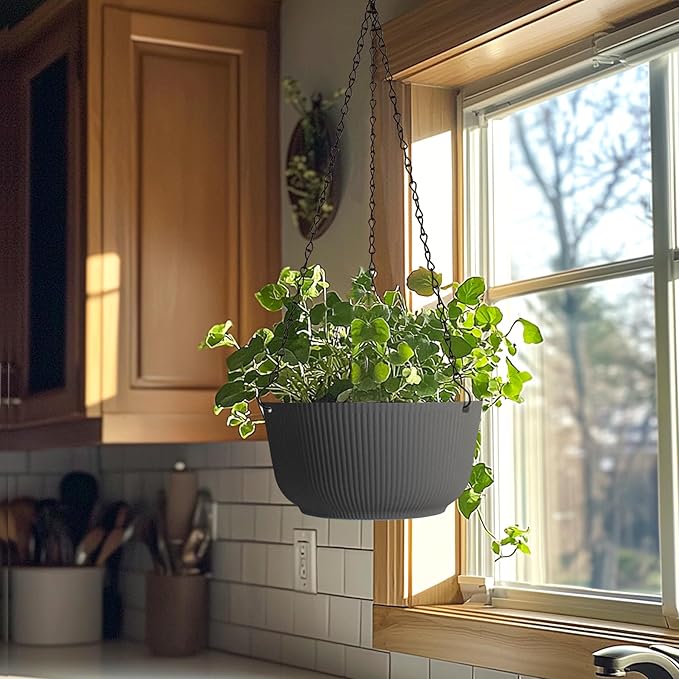 T4U 12 Inch Large Hanging Planters for Outdoor Plants, 2 Pack Self Watering Hanging Pots Indoor, Hanging Baskets for Plants,Hanging Flower Pot with Drainage Hole and Plant Hanger, Grey