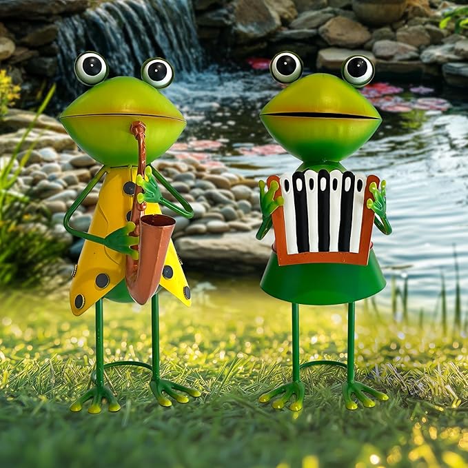 HONGLAND Metal Frog Garden Decor - Metal Frog Outdoor Statue -Funny Garden Frog Decorations - 3D Frog Figurine - Christmas Holiday Housewarming Gifts Lawn Patio Yard Garden Decor (Saxophone)