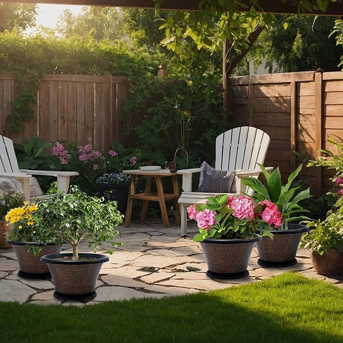 Quarut 11.8 Inch Pots for Plants,4 Pack Large Plant Pot,Flower Pots with Drainage Hole & Saucer,Modern Planters for Indoor Outdoor Plants,Decorative Resin Garden Pots for Planting Medium Large Plants