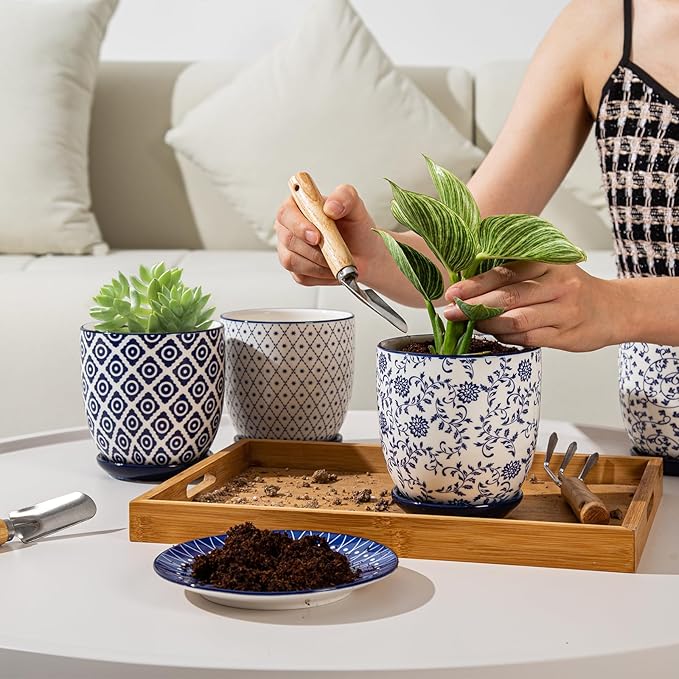 Ceramic Succulent Planter Pots - 4.6 Inch Small Flower Pot with Drainage Holes and Saucers for Indoor Plant, Cactus, Herbs, Outdoor Plants, Home Decor, Set of 4, Vintage Blue