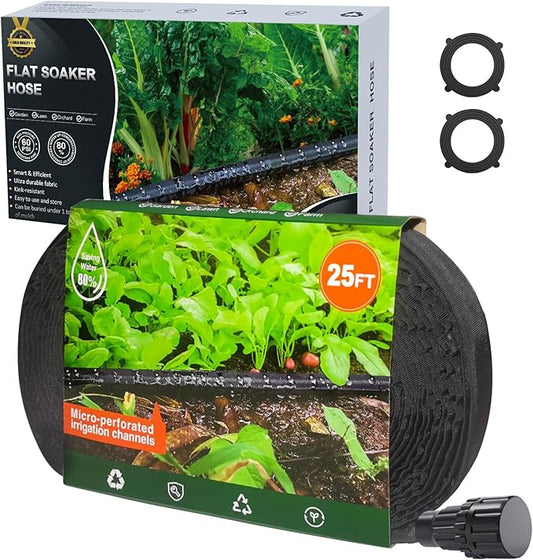 Flat Garden Soaker hose 25ft,Drip irrigation hose for garden beds,water hose with holes for flower beds,Saves 80% water.
