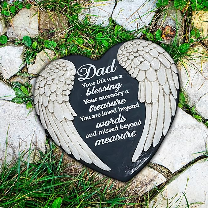 Dad Memorial Garden Stone, Dad Stepping Garden Memorial Stone, in Memory of Dad Stones Gifts for Loss of Father, Loss of Dad, Father Memorial Angel Wings Heart Stone TNS13