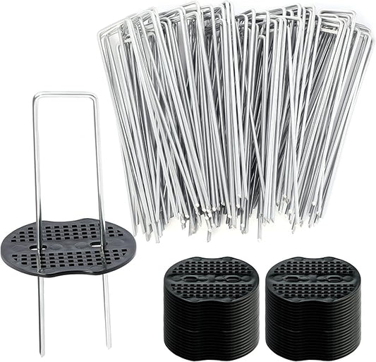 100 pcs 6 inch U-Shaped Landscape Staples and 100 pcs Fixing Gasket Sets, Garden Landscape Staples are Suitable for Outdoor Irrigation Hoses,Fixed Fences,Artificial Turf Nails and Tents.