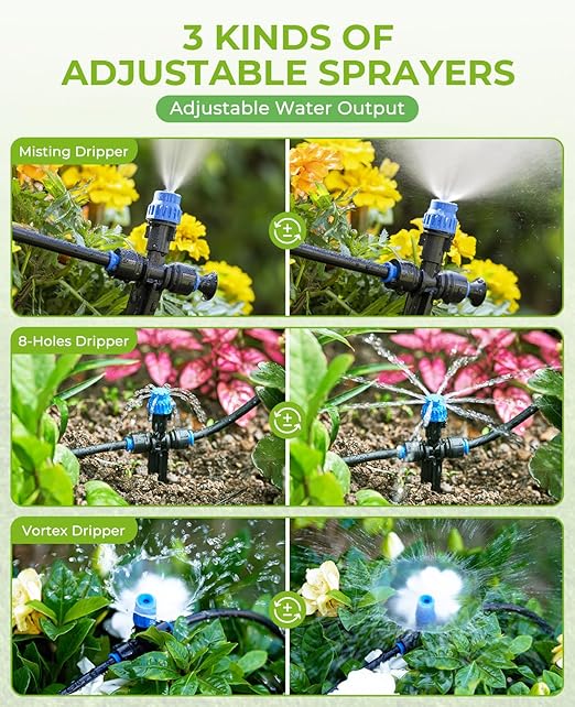 HIRALIY 210FT Drip Irrigation System, Quick Connector Garden Watering Automatic Sprinkler Kit for Lawn Raised Bed Greenhouse Mist System with 3 Kinds Dripper, Adjustable Nozzle