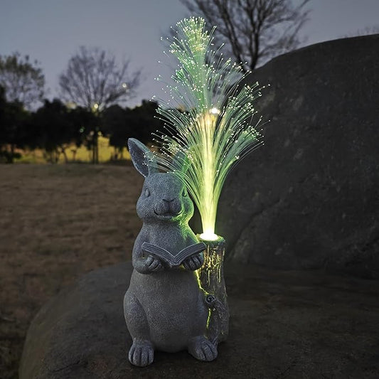 Rabbit Solar Garden Statues,Resin Rabbit Figurine Reading a Book and 7-Color Changing Optical Fiber with Solar Lights, Lawn Decor Outdoor Statue for Patio,Balcony,Yard,Lawn Ornament