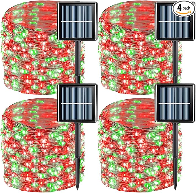 YEGUO Solar Fairy Lights Outdoor Waterproof, 4 Pack Each 33ft 100 LED String Lights, 8 Modes Silver Wire(Green and Red)