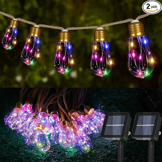 Solar Outdoor String Lights 2Pack 24FT Vintage Rope Hemp Solar Lights with 20 Shatterproof Bulbs,8 Modes Solar Powered Lights with Memory Function, Waterproof for Fence,Balcony,Yard(Multicolor)
